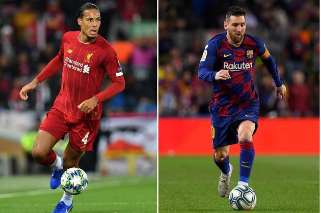(COMBO) This combination of file photographs created on November 26, 2019, shows Liverpool's Dutch defender Virgil van Dijk (L) looking to pass the ball during the UEFA Champions league Group E football match between Liverpool and Salzburg at Anfield in Liverpool, north-west England on October 2, 2019, Barcelona's Argentine forward Lionel Messi (C) controling the ball during the Spanish league football match between FC Barcelona and RC Celta de Vigo at the Camp Nou stadium in Barcelona on November 9, 2019 and US forward Megan Rapinoe (R) controlling the ball during the women's international friendly football match betwenn the United States and Australia at Dick's Sporting Goods Park in Commerce City, Colorado on April 4, 2019. - The Ballon d'Or ceremony will take place on December 2, 2019 in Paris. (Photo by AFP) (Photo by PAUL ELLIS,JASON CONNOLLY,JOSEP LAGO/AFP via Getty Images)