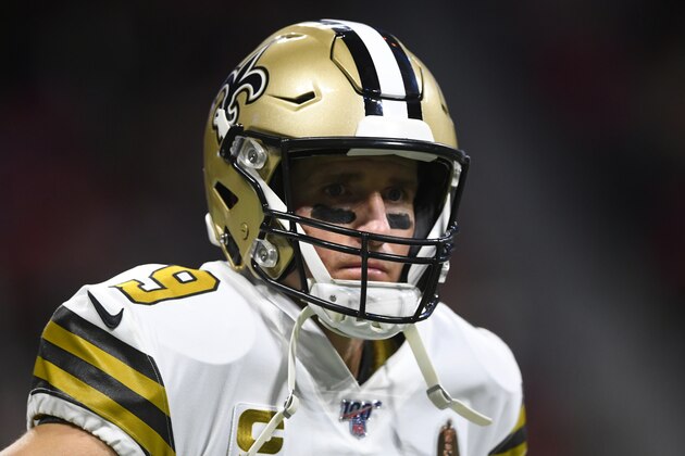 New Orleans Saints quarterback Drew Brees (9) walks the field during the second half of an NFL football game against the Atlanta Falcons, Thursday, Nov. 28, 2019, in Atlanta. (AP Photo/John Amis)