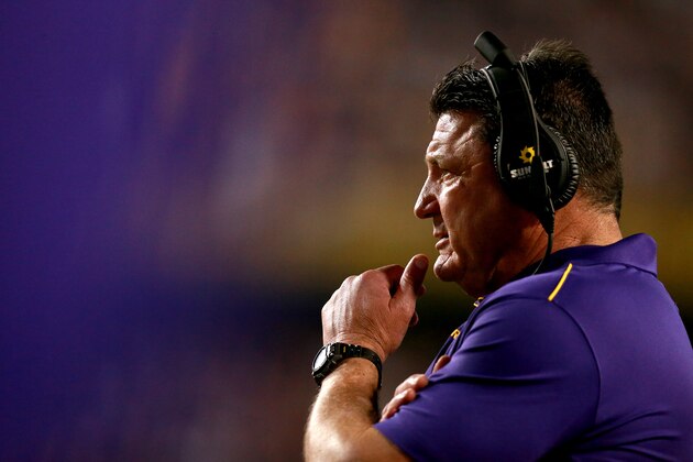 BATON ROUGE, LOUISIANA - NOVEMBER 30: head coach Ed Orgeron of the LSU Tigers looks on during a game at Tiger Stadium against the Texas A&M Aggies on November 30, 2019 in Baton Rouge, Louisiana. (Photo by Sean Gardner/Getty Images)