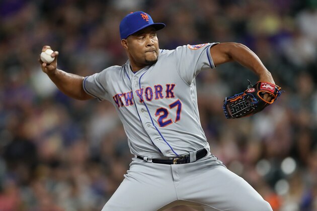 DENVER, COLORADO - SEPTEMBER 16: Pitcher Jeurys Familia #27 of the New York Mets throws in the sixth inning against the Colorado Rockies at Coors Field on September 16, 2019 in Denver, Colorado. (Photo by Matthew Stockman/Getty Images)