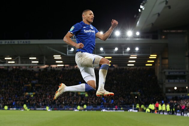 LIVERPOOL, ENGLAND - OCTOBER 29: Richarlison of Everton celebrates after scoring his team's second goal during the Carabao Cup Round of 16 match between Everton and Watford at Goodison Park on October 29, 2019 in Liverpool, England. (Photo by Jan Kruger/Getty Images)