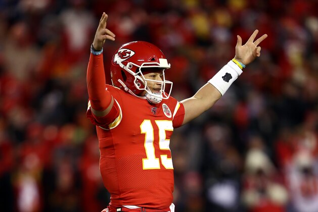 KANSAS CITY, MISSOURI - DECEMBER 01:  Quarterback Patrick Mahomes #15 of the Kansas City Chiefs celebrates after a touchdown during the 4th quarter of the game against the Oakland Raiders at Arrowhead Stadium on December 01, 2019 in Kansas City, Missouri. (Photo by Jamie Squire/Getty Images)