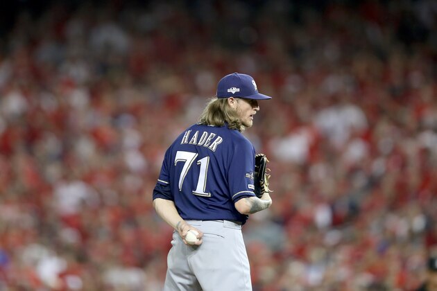 WASHINGTON, DC - OCTOBER 01: Josh Hader #71 of the Milwaukee Brewers throws a pitch against the Washington Nationals during the eighth inning in the National League Wild Card game at Nationals Park on October 01, 2019 in Washington, DC. (Photo by Rob Carr/Getty Images)