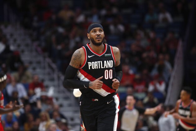 Portland Trail Blazers forward Carmelo Anthony (00) runs down the court in the second half of an NBA basketball game against the New Orleans Pelicans in New Orleans, Tuesday, Nov. 19, 2019. The Pelicans won 115-104. (AP Photo/Gerald Herbert)