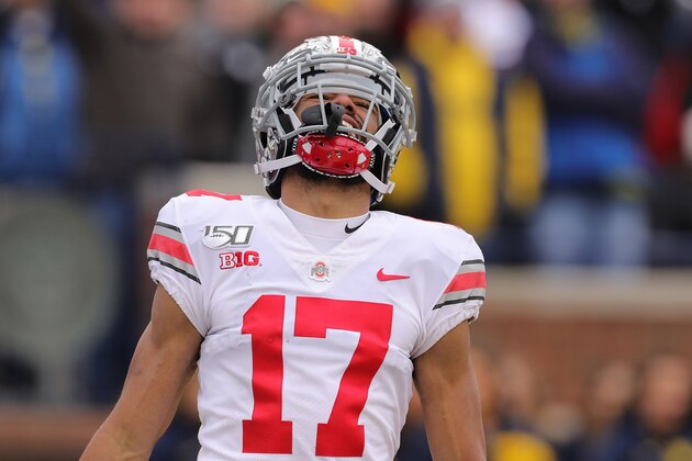 ANN ARBOR, MI - NOVEMBER 30: Chris Olave #17 of the Ohio State Buckeyes celebrates a first quarter touchdown during the game at Michigan Stadium on November 30, 2019 in Ann Arbor, Michigan. Ohio State defeated Michigan 56-27. (Photo by Leon Halip/Getty Images)