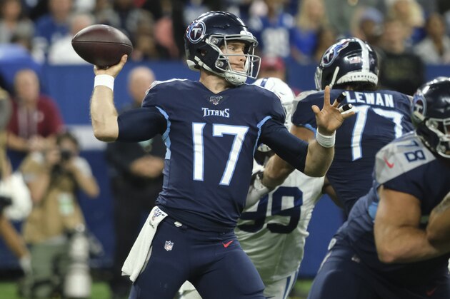 Tennessee Titans quarterback Ryan Tannehill (17) throws against the Indianapolis Colts during the first half of an NFL football game in Indianapolis, Sunday, Dec. 1, 2019. (AP Photo/AJ Mast)