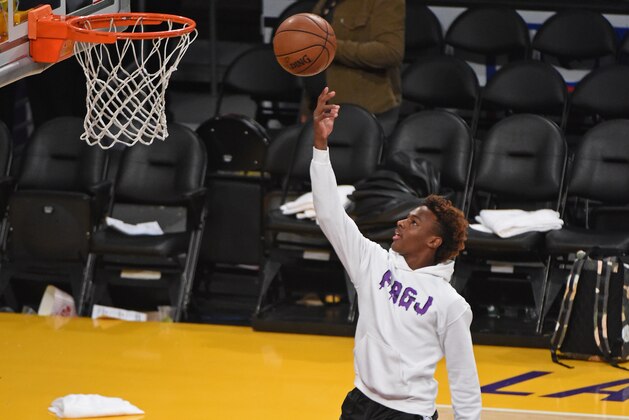 LOS ANGELES, CA - DECEMBER 28: LeBron James Jr. shoots around after a game between the LA Clippers and the Los Angeles Lakers on December 28, 2018 at STAPLES Center in Los Angeles, California. NOTE TO USER: User expressly acknowledges and agrees that, by downloading and/or using this photograph, user is consenting to the terms and conditions of the Getty Images License Agreement. Mandatory Copyright Notice: Copyright 2018 NBAE (Photo by Adam Pantozzi/NBAE via Getty Images)