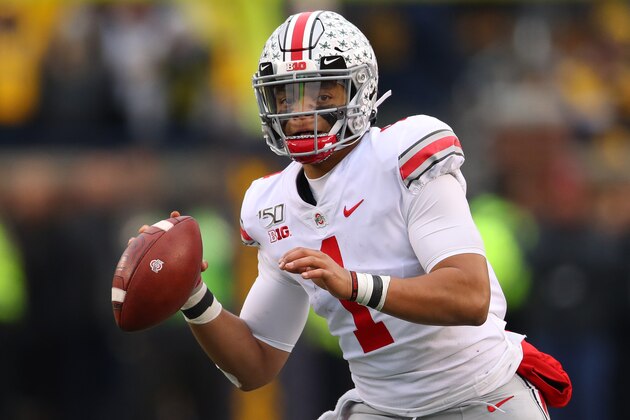 ANN ARBOR, MICHIGAN - NOVEMBER 30: Justin Fields #1 of the Ohio State Buckeyes throws a second half touchdown against the Michigan Wolverines at Michigan Stadium on November 30, 2019 in Ann Arbor, Michigan. Ohio State won the game 56-27. (Photo by Gregory Shamus/Getty Images)