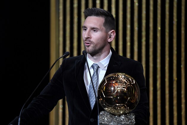 PARIS, FRANCE - DECEMBER 02: Lionel Messi (ARG / FC Barcelona) excepts his sixth Ballon D'Or award during the Ballon D'Or Ceremony at Theatre Du Chatelet on December 02, 2019 in Paris, France. (Photo by Kristy Sparow/Getty Images)