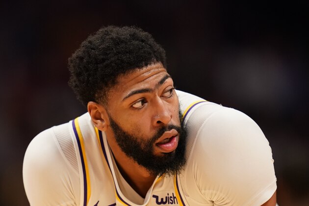 Los Angeles Lakers forward Anthony Davis looks on against the Denver Nuggets during the second half of an NBA basketball game Tuesday, Dec. 3, 2019, in Denver. The Lakers beat the Nuggets 105-96. (AP Photo/Jack Dempsey)