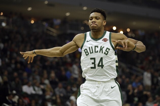Milwaukee Bucks' Giannis Antetokounmpo warms up before the first half of an NBA basketball game against the Atlanta Hawks Wednesday, Nov. 27, 2019, in Milwaukee. (AP Photo/Aaron Gash)