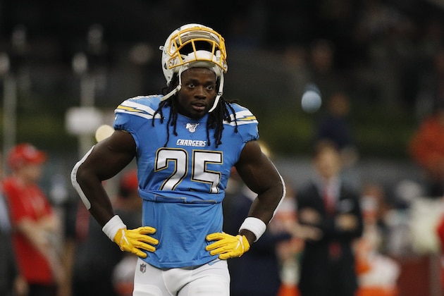 Los Angeles Chargers running back Melvin Gordon warms up before an NFL football game between the Los Angeles Chargers and the Kansas City Chiefs Monday, Nov. 18, 2019, in Mexico City. (AP Photo/Rebecca Blackwell)