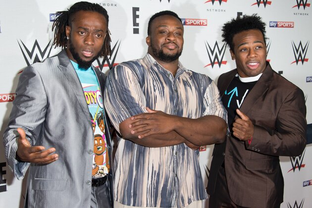 LONDON, ENGLAND - APRIL 18:  (L-R) Kofi Kingston, Big E and Xavier Woods of 'New Day' arrive for WWE RAW at 02 Brooklyn Bowl on April 18, 2016 in London, England.  (Photo by Ian Gavan/Getty Images)