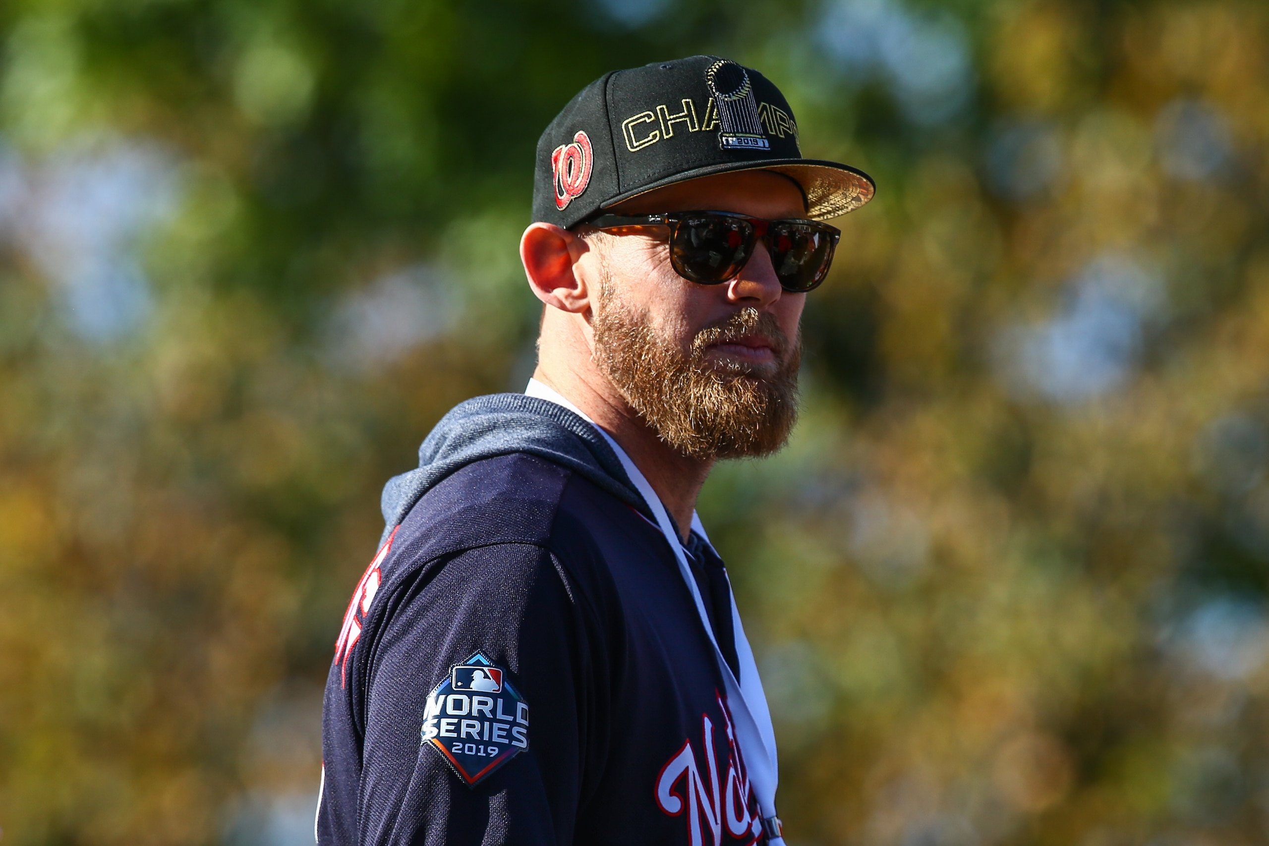 WASHINGTON, DC - NOVEMBER 02: World Series MVP Stephen Strasburg #37 of the Washington Nationals celebrates during Victory Parade on November 02, 2019 in Washington, DC. (Photo by Chaz Niell/Getty Images)