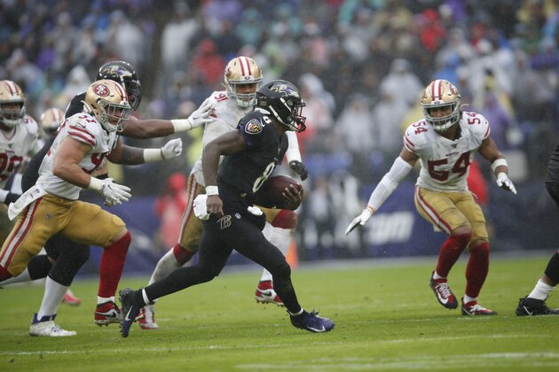 BALTIMORE, MD - DECEMBER 1: Lamar Jackson #8 of the Baltimore Ravens rushes during the game against the San Francisco 49ers at M&T Bank Stadium on December 1, 2019 in Baltimore, Maryland. The Ravens defeated the 49ers 20-17. (Photo by Michael Zagaris/San Francisco 49ers/Getty Images)