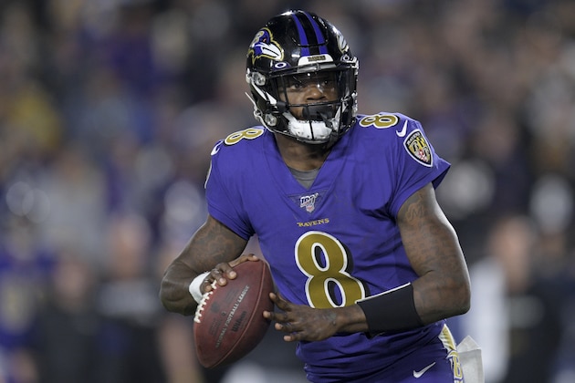 Baltimore Ravens quarterback Lamar Jackson in an NFL football game against the Los Angeles Rams Monday, Nov. 25, 2019, in Los Angeles. (AP Photo/Kyusung Gong)
