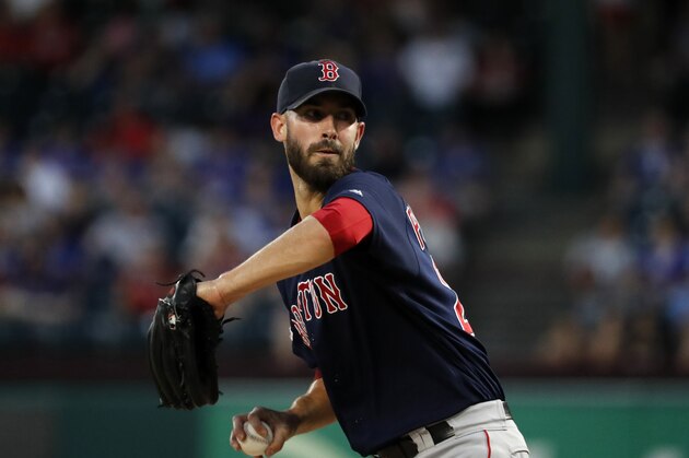 Boston Red Sox' Rick Porcello works against the Texas Rangers in a baseball game in Arlington, Texas, Wednesday, Sept. 25, 2019. (AP Photo/Tony Gutierrez)