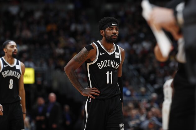 Brooklyn Nets guard Kyrie Irving (11) in the second half of an NBA basketball game Thursday, Nov. 14, 2019 in Denver. The Nuggets won 101-93. (AP Photo/David Zalubowski)