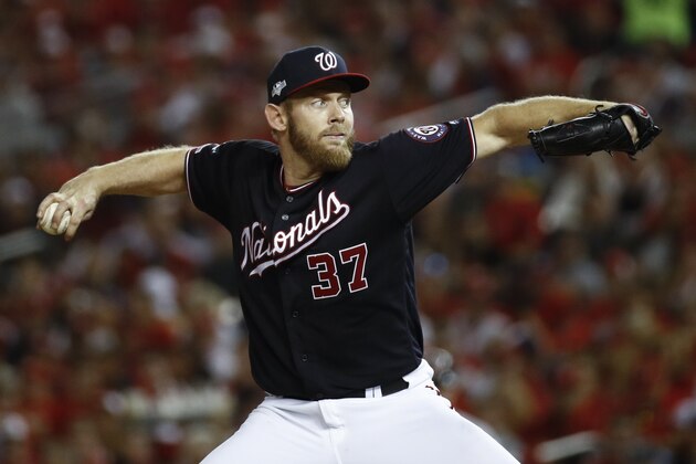 Washington Nationals starting pitcher Stephen Strasburg throws during the fifth inning of Game 3 of the baseball National League Championship Series against the St. Louis Cardinals Monday, Oct. 14, 2019, in Washington. (AP Photo/Patrick Semansky)