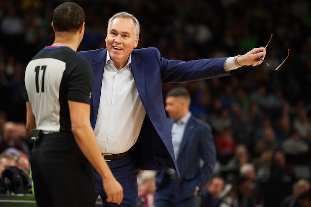 MINNEAPOLIS, MINNESOTA - NOVEMBER 16: Head coach Mike D'Antoni of the Houston Rockets reacts to call against the Minnesota Timberwolves during the game at Target Center on November 16, 2019 in Minneapolis, Minnesota. NOTE TO USER: User expressly acknowledges and agrees that, by downloading and or using this Photograph, user is consenting to the terms and conditions of the Getty Images License Agreement (Photo by Hannah Foslien/Getty Images)
