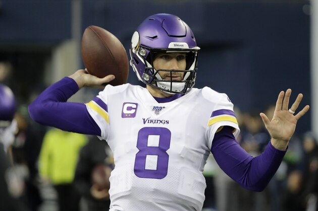 Minnesota Vikings quarterback Kirk Cousins warms up before an NFL football game against the Seattle Seahawks, Monday, Dec. 2, 2019, in Seattle. (AP Photo/Ted S. Warren)