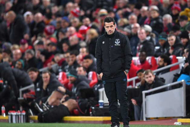 LIVERPOOL, ENGLAND - DECEMBER 04: Marco Silva, Manager of Everton reacts during the Premier League match between Liverpool FC and Everton FC at Anfield on December 04, 2019 in Liverpool, United Kingdom. (Photo by Laurence Griffiths/Getty Images)