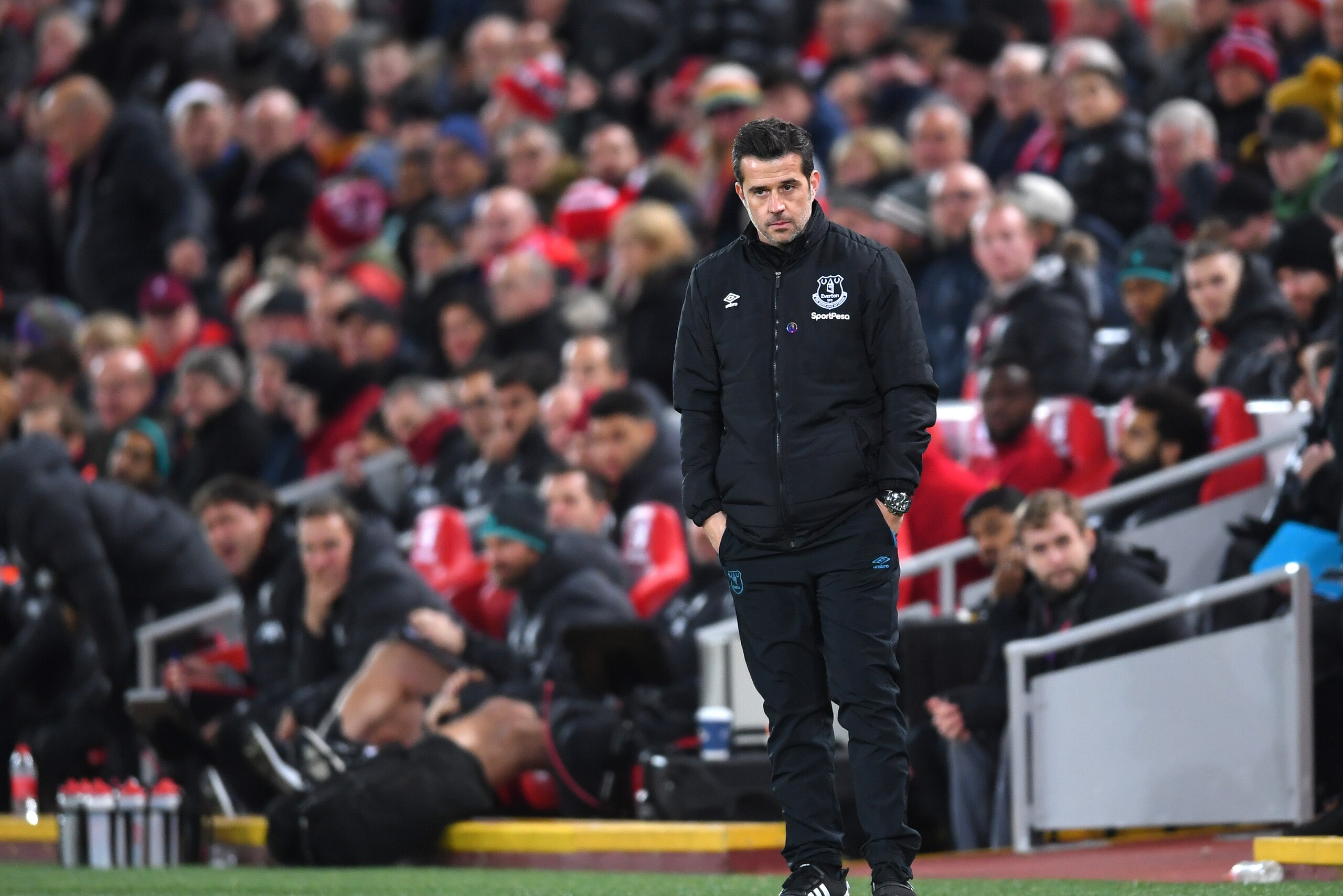 LIVERPOOL, ENGLAND - DECEMBER 04: Marco Silva, Manager of Everton reacts during the Premier League match between Liverpool FC and Everton FC at Anfield on December 04, 2019 in Liverpool, United Kingdom. (Photo by Laurence Griffiths/Getty Images)
