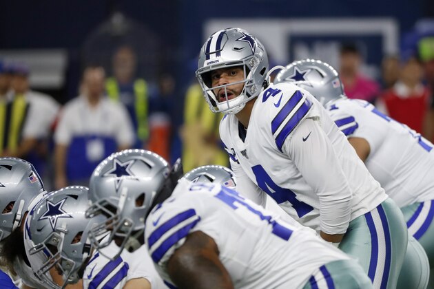 Dallas Cowboys quarterback Dak Prescott (4) prepares for the snap during the first half of an NFL football game against the Buffalo Bills in Arlington, Texas, Thursday, Nov. 28, 2019. (AP Photo/Roger Steinman)