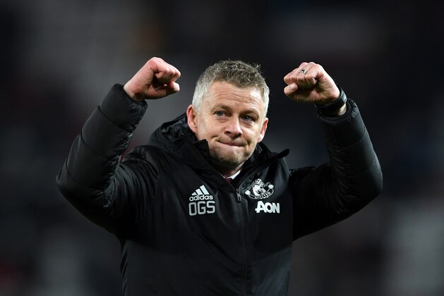 MANCHESTER, ENGLAND - DECEMBER 04: Ole Gunnar Solskjaer, Manager of Manchester United celebrates at full-time after the Premier League match between Manchester United and Tottenham Hotspur at Old Trafford on December 04, 2019 in Manchester, United Kingdom. (Photo by Stu Forster/Getty Images)