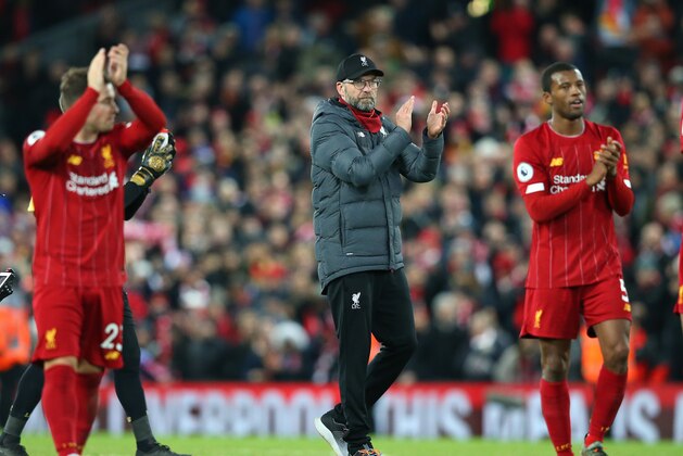 LIVERPOOL, ENGLAND - DECEMBER 04:  Jurgen Klopp the manager of Liverpool applauds their support after the Premier League match between Liverpool FC and Everton FC at Anfield on December 04, 2019 in Liverpool, United Kingdom. (Photo by Alex Livesey - Danehouse/Getty Images)