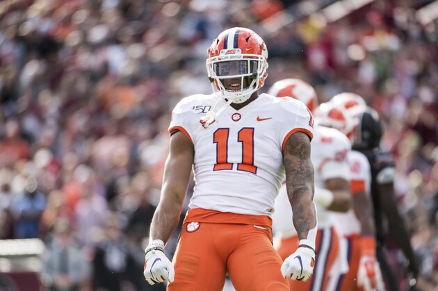 Clemson linebacker Isaiah Simmons (11) celebrates a stop against South Carolina during an NCAA college football game Saturday, Nov. 30, 2019, in Columbia, S.C. Clemson defeated South Carolina 38-3. (AP Photo/Sean Rayford)