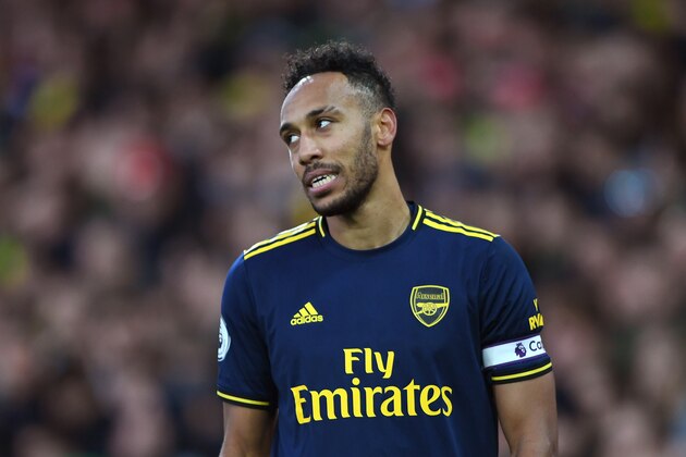 NORWICH, ENGLAND - DECEMBER 01: Pierre-Emerick Aubameyang of Arsenal reacts during the Premier League match between Norwich City and Arsenal FC at Carrow Road on December 01, 2019 in Norwich, United Kingdom. (Photo by Harriet Lander/Copa/Getty Images)