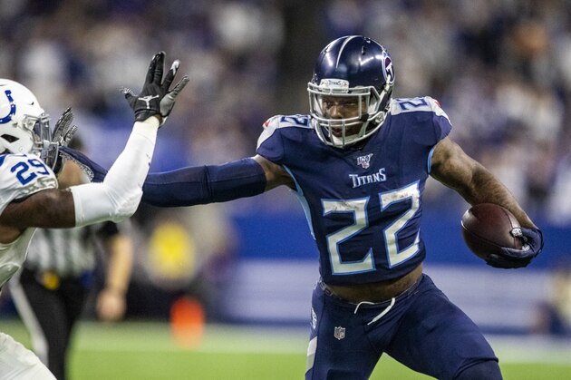 INDIANAPOLIS, IN - DECEMBER 01: Derrick Henry #22 of the Tennessee Titans runs for a touchdown in the third quarter of the game against the Indianapolis Colts at Lucas Oil Stadium on December 1, 2019 in Indianapolis, Indiana. (Photo by Bobby Ellis/Getty Images) INDIANAPOLIS, IN - DECEMBER 01: Derrick Henry #22 of the Tennessee Titans runs for a touchdown in the third quarter of the game against the Indianapolis Colts at Lucas Oil Stadium on December 1, 2019 in Indianapolis, Indiana. (Photo by Bobby Ellis/Getty Images)