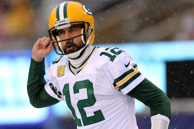 EAST RUTHERFORD, NEW JERSEY - DECEMBER 01: Aaron Rodgers #12 of the Green Bay Packers celebrates a touchdown in the first quarter against the New York Giants at MetLife Stadium on December 01, 2019 in East Rutherford, New Jersey. (Photo by Elsa/Getty Images) EAST RUTHERFORD, NEW JERSEY - DECEMBER 01: Aaron Rodgers #12 of the Green Bay Packers celebrates a touchdown in the first quarter against the New York Giants at MetLife Stadium on December 01, 2019 in East Rutherford, New Jersey. (Photo by Elsa/Getty Images)