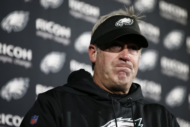 Philadelphia Eagles' Doug Pederson speaks during a news conference after an NFL football game against the Seattle Seahawks, Sunday, Nov. 24, 2019, in Philadelphia. (AP Photo/Michael Perez)