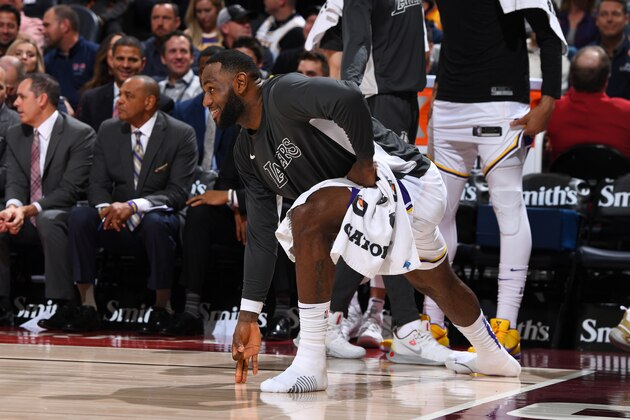 SALT LAKE CITY, UT - DECEMBER 4: LeBron James #23 of the Los Angeles Lakers reacts to a play during the game against the Utah Jazz on December 4, 2019 at vivint.SmartHome Arena in Salt Lake City, Utah. NOTE TO USER: User expressly acknowledges and agrees that, by downloading and or using this Photograph, User is consenting to the terms and conditions of the Getty Images License Agreement. Mandatory Copyright Notice: Copyright 2019 NBAE (Photo by Garrett Ellwood/NBAE via Getty Images)