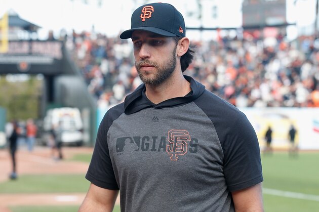 SAN FRANCISCO, CALIFORNIA - SEPTEMBER 29: Madison Bumgarner #40 of the San Francisco Giants looks on during a ceremony celebrating the career of retiring manager Bruce Bochy #15 after the game between the Los Angeles Dodgers and the San Francisco Giants at Oracle Park on September 29, 2019 in San Francisco, California. (Photo by Lachlan Cunningham/Getty Images)
