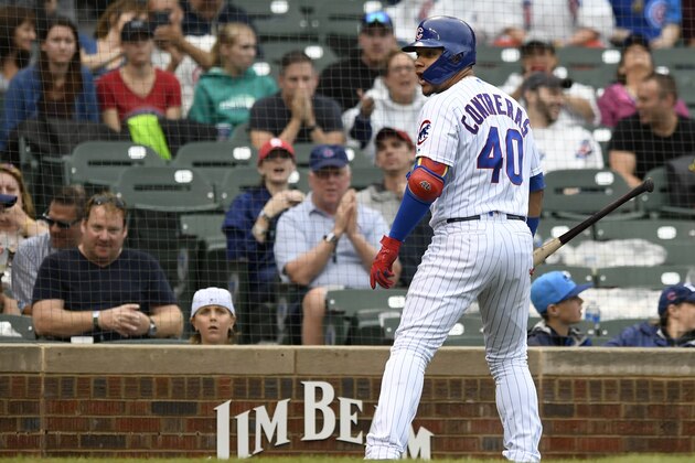 Chicago Cubs' Willson Contreras (40) yells at home plate umpire Chris Guccione after striking out during the ninth inning of a baseball game against the St. Louis Cardinals, Sunday, Sept. 22, 2019, in Chicago. (AP Photo/Paul Beaty)