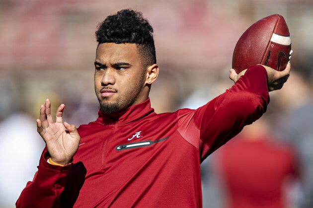 FAYETTEVILLE, AR - NOVEMBER 9:   Tua Tagovailoa #13 of the Alabama Crimson Tide warms up before a game against the Mississippi State Bulldogs at Davis Wade Stadium on November 16, 2019 in Starkville, Mississippi.  (Photo by Wesley Hitt/Getty Images)