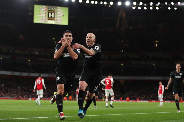 LONDON, ENGLAND - DECEMBER 05: Neal Maupay of Brighton and Hove Albion celebrates after scoring a goal to make it 1-2 during the Premier League match between Arsenal FC and Brighton & Hove Albion at Emirates Stadium on December 5, 2019 in London, United Kingdom. (Photo by James Williamson - AMA/Getty Images)