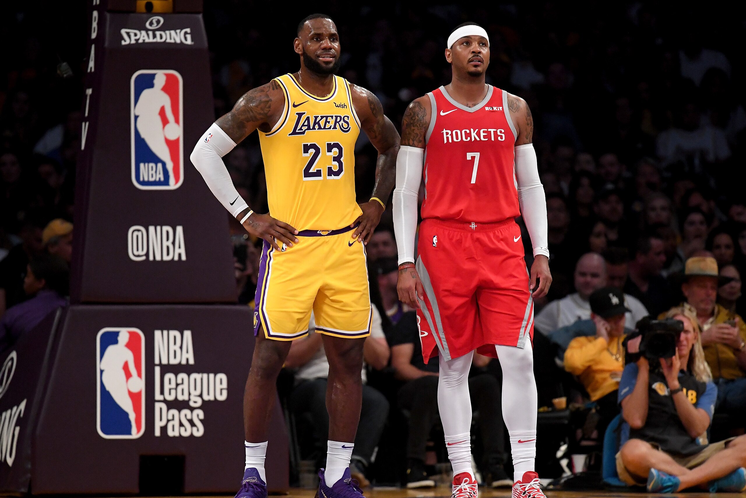 LOS ANGELES, CA - OCTOBER 20:  LeBron James #23 of the Los Angeles Lakers and Carmelo Anthony #7 of the Houston Rockets wait for and inbound at Staples Center on October 20, 2018 in Los Angeles, California.  (Photo by Harry How/Getty Images)