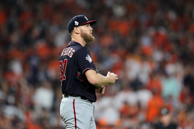 HOUSTON, TEXAS - OCTOBER 29:  Stephen Strasburg #37 of the Washington Nationals reacts against the Houston Astros during the fourth inning in Game Six of the 2019 World Series at Minute Maid Park on October 29, 2019 in Houston, Texas. (Photo by Elsa/Getty Images)