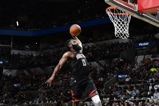 SAN ANTONIO, TX - DECEMBER 3: James Harden #13 of the Houston Rockets dunks the ball against the San Antonio Spurs on December 3, 2019 at the AT&T Center in San Antonio, Texas. NOTE TO USER: User expressly acknowledges and agrees that, by downloading and or using this photograph, user is consenting to the terms and conditions of the Getty Images License Agreement. Mandatory Copyright Notice: Copyright 2019 NBAE (Photos by Logan Riely/NBAE via Getty Images)