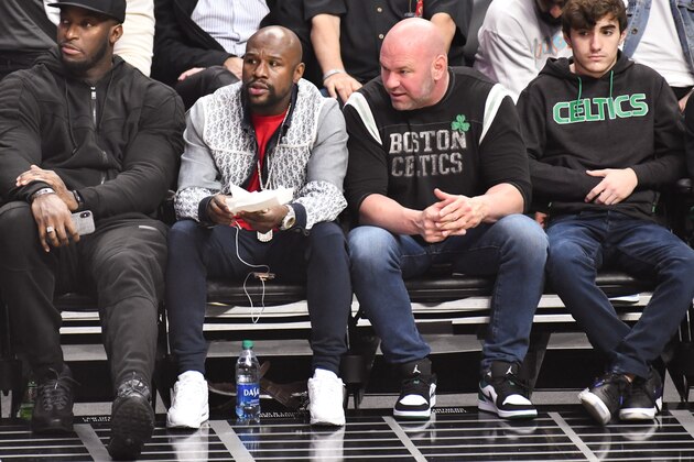 LOS ANGELES, CALIFORNIA - NOVEMBER 20: Floyd Mayweather Jr., and Dana White attend a basketball game between the Los Angeles Clippers and the Boston Celtics at Staples Center on November 20, 2019 in Los Angeles, California. (Photo by Allen Berezovsky/Getty Images)