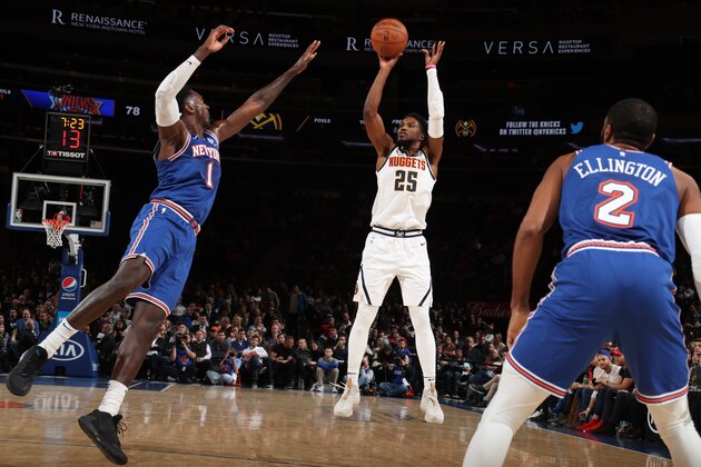 NEW YORK, NY - DECEMBER 5: Malik Beasley #25 of the Denver Nuggets shoots the ball against the New York Knicks on December 5, 2019 at Madison Square Garden in New York City, New York.  NOTE TO USER: User expressly acknowledges and agrees that, by downloading and or using this photograph, User is consenting to the terms and conditions of the Getty Images License Agreement. Mandatory Copyright Notice: Copyright 2019 NBAE  (Photo by Nathaniel S. Butler/NBAE via Getty Images)