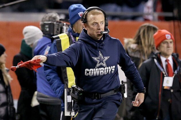 CHICAGO, ILLINOIS - DECEMBER 05: Head coach Jason Garrett of the Dallas Cowboys throws a challenge flag in the first quarter against the Chicago Bears at Soldier Field on December 05, 2019 in Chicago, Illinois. (Photo by Dylan Buell/Getty Images)