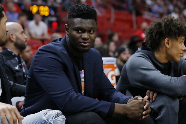 MIAMI, FLORIDA - NOVEMBER 16: Zion Williamson #1 of the New Orleans Pelicans looks on prior to the game against the Miami Heat at American Airlines Arena on November 16, 2019 in Miami, Florida. NOTE TO USER: User expressly acknowledges and agrees that, by downloading and/or using this photograph, user is consenting to the terms and conditions of the Getty Images License Agreement. (Photo by Michael Reaves/Getty Images)