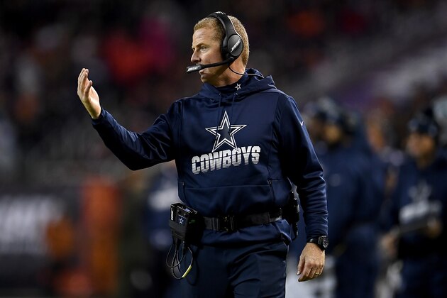 CHICAGO, ILLINOIS - DECEMBER 05: Head coach Jason Garrett of the Dallas Cowboys signals from the sidelines during the game against the Chicago Bears at Soldier Field on December 05, 2019 in Chicago, Illinois. (Photo by Stacy Revere/Getty Images)