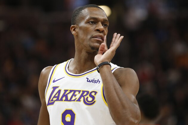 Los Angeles Lakers guard Rajon Rondo (9) directs a teammate in the first half during an NBA basketball game against the Utah Jazz Wednesday, Dec. 4, 2019, in Salt Lake City. (AP Photo/Rick Bowmer)
