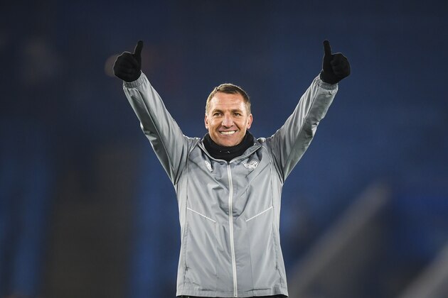 LEICESTER, ENGLAND - DECEMBER 04: Leicester manager Brendan Rodgers celebrates after the Premier League match between Leicester City and Watford FC at The King Power Stadium on December 04, 2019 in Leicester, United Kingdom. (Photo by Michael Regan/Getty Images)